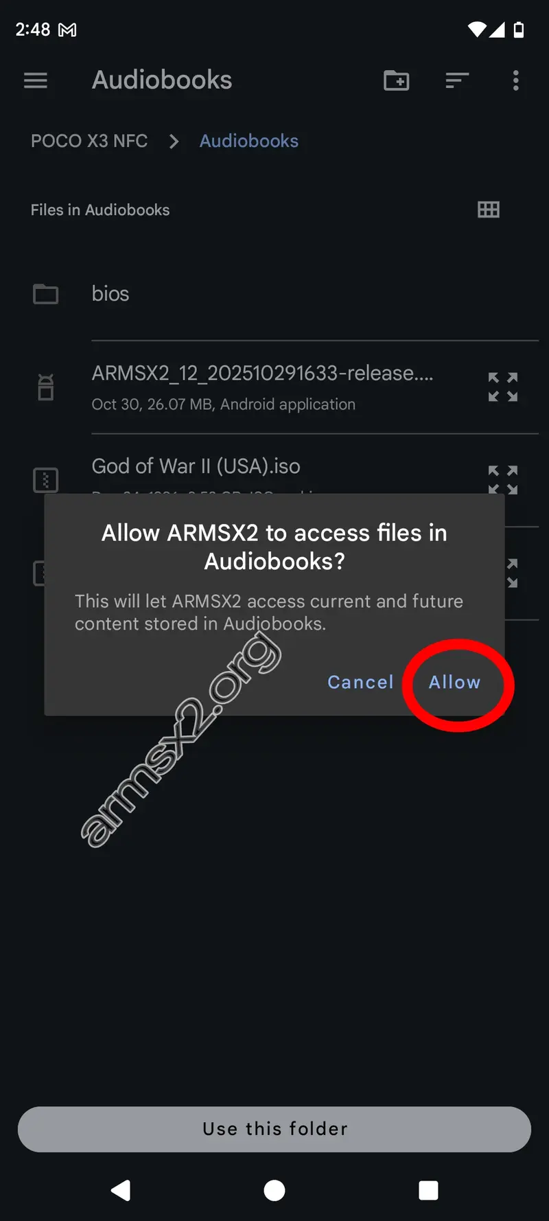 Step 11 ArmSX3 Installation - Allow the app to read your game saves
