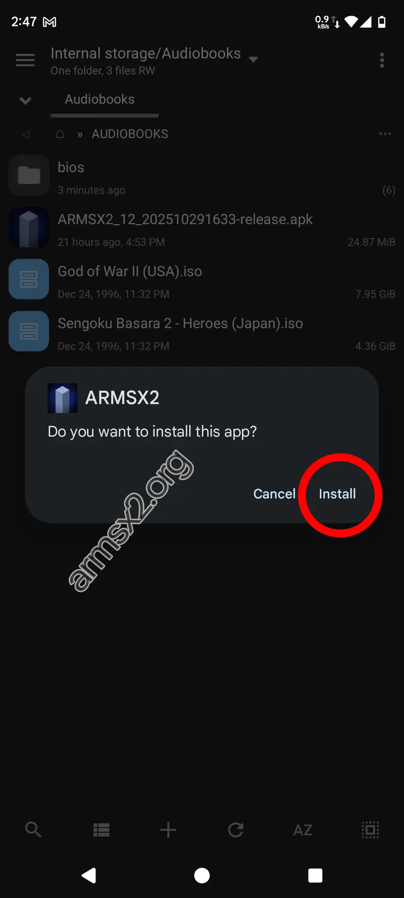 Step 2 ArmSX3 installation - installing ArmSX3 APK