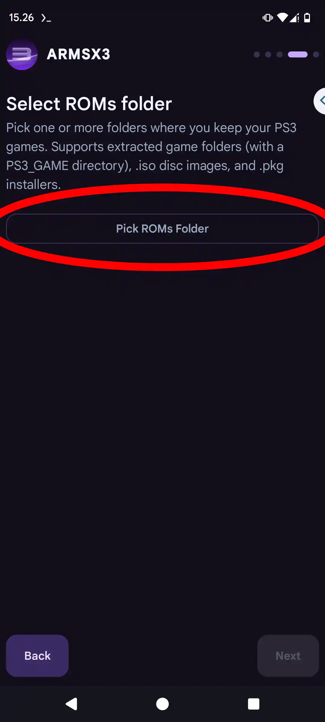 Step 6 ArmSX3 Installation - Pick ROMs Folder