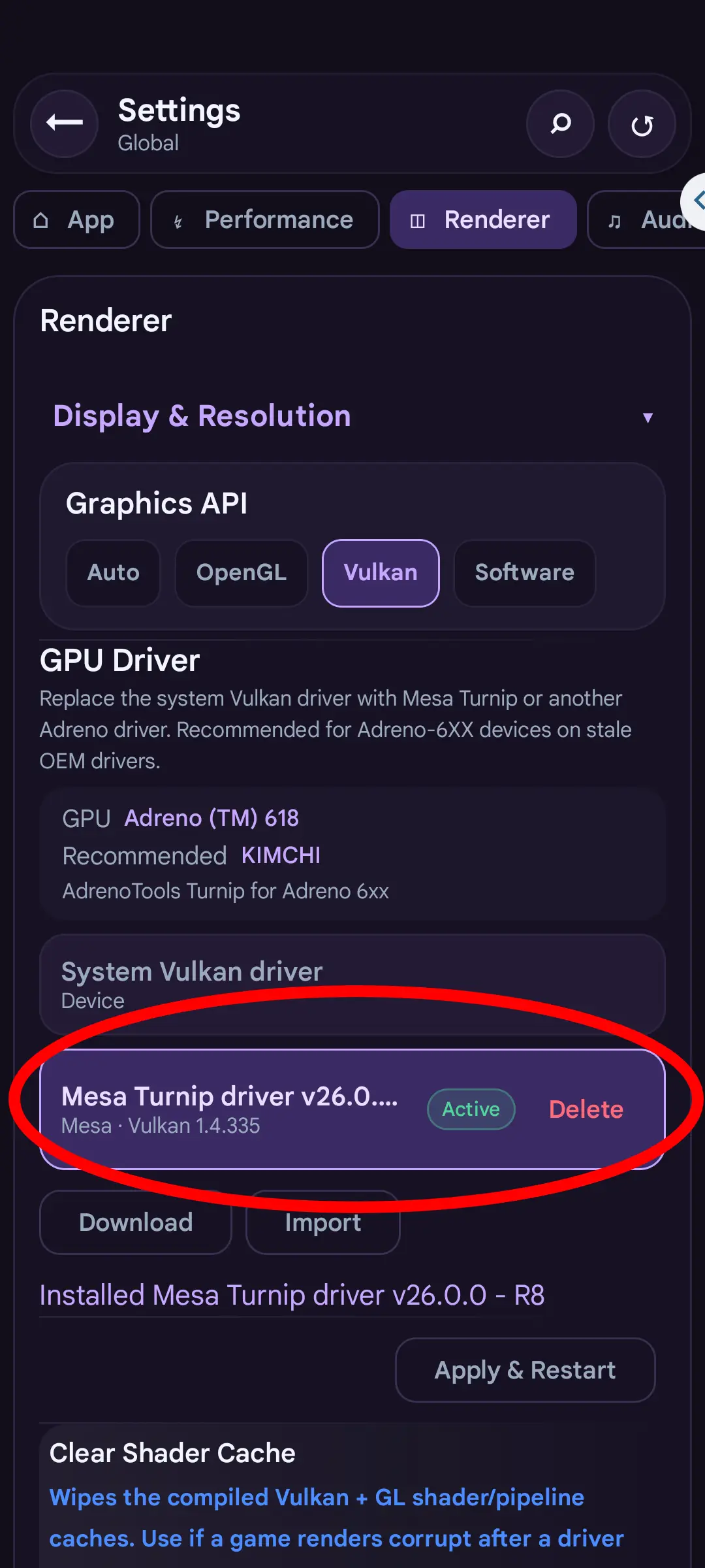 Step 6 GPU driver - Mesa Turnip driver marked Active with Apply & Restart