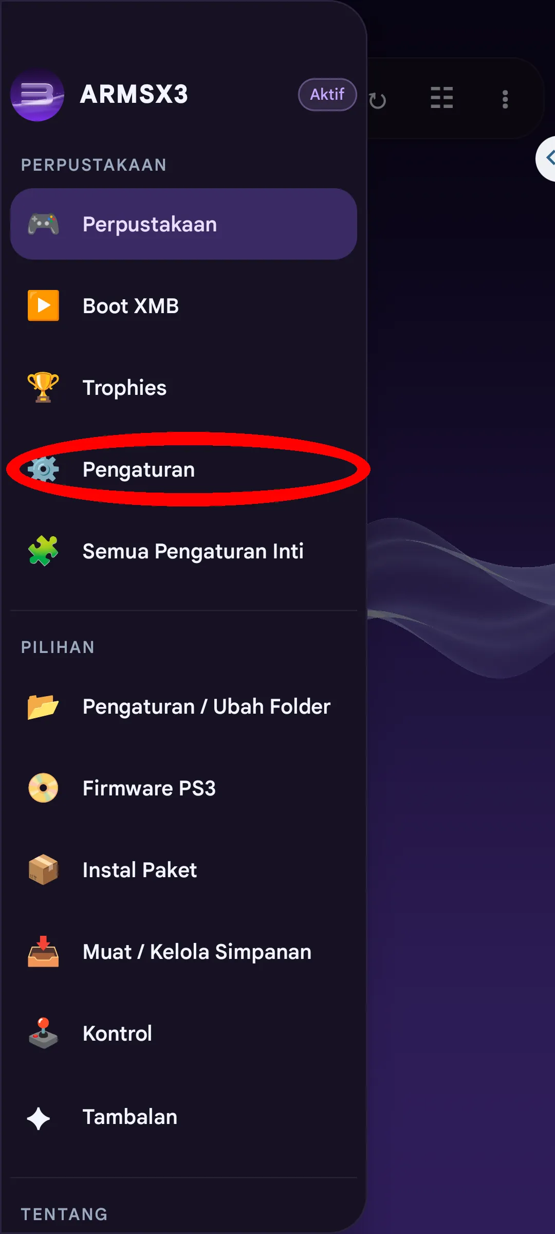 Langkah 2 driver GPU - Pilih Pengaturan di laci navigasi