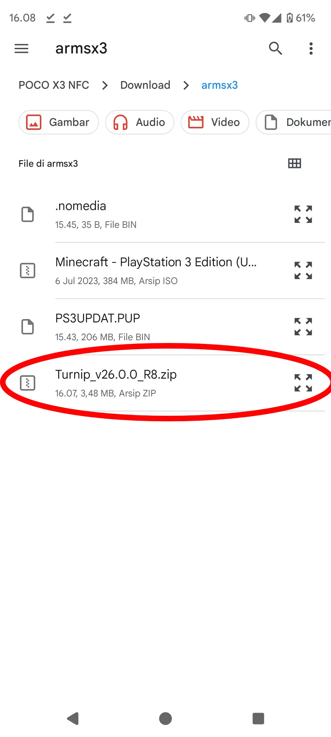 Langkah 5 driver GPU - Pilih arsip file zip driver Turnip di pemilih file