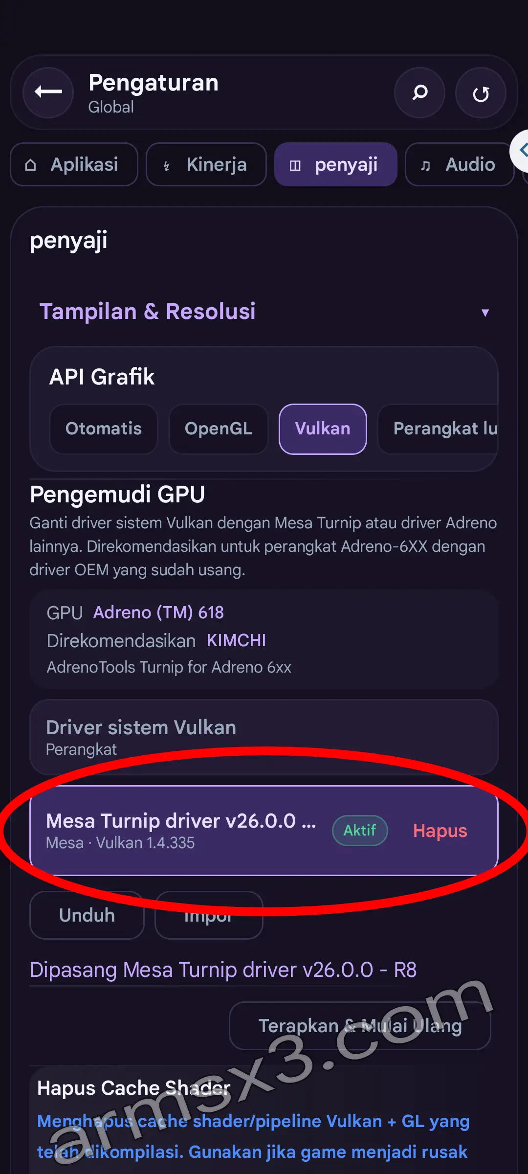Langkah 6 driver GPU - Driver Mesa Turnip aktif dan tombol Terapkan & Mulai Ulang