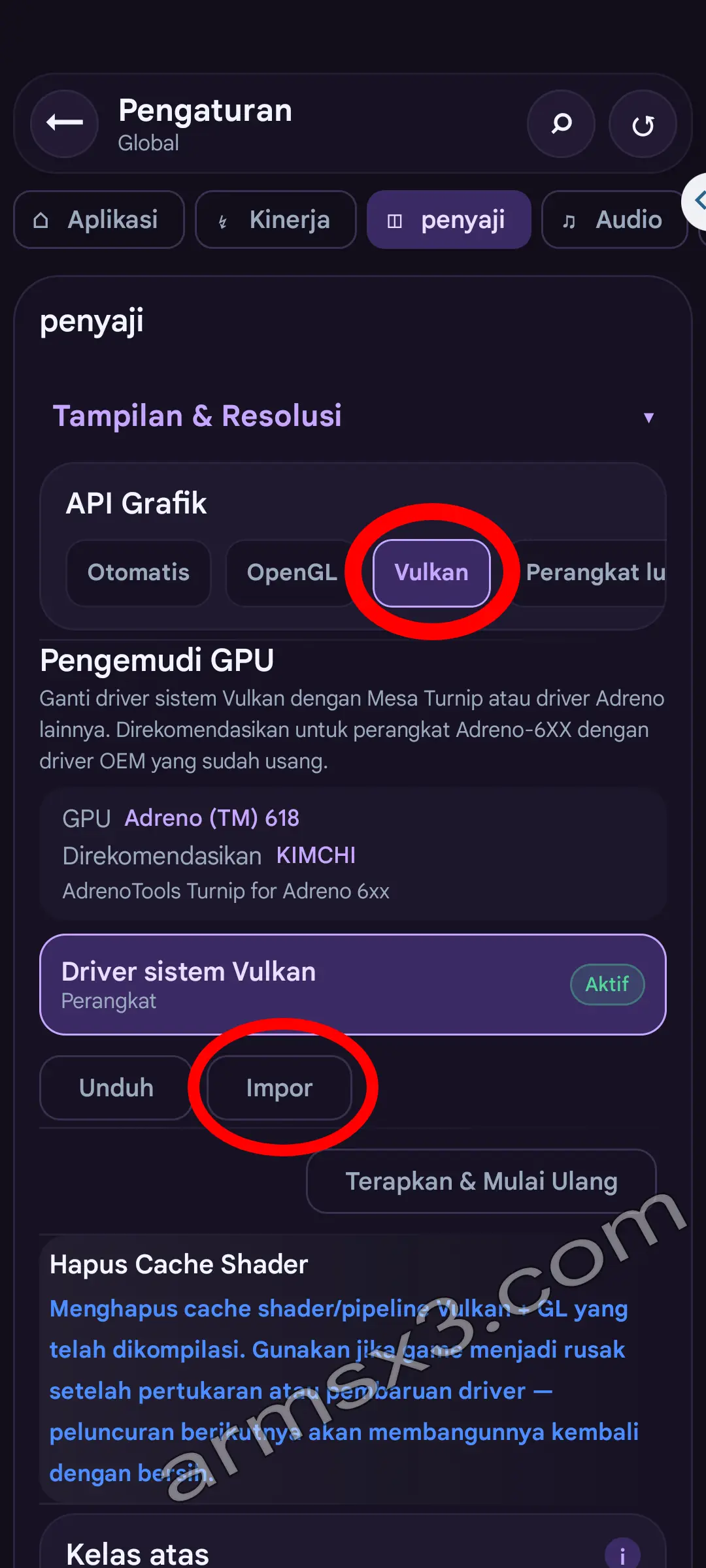 Langkah 4 driver GPU - Pastikan API Grafik Vulkan dipilih dan ketuk Impor